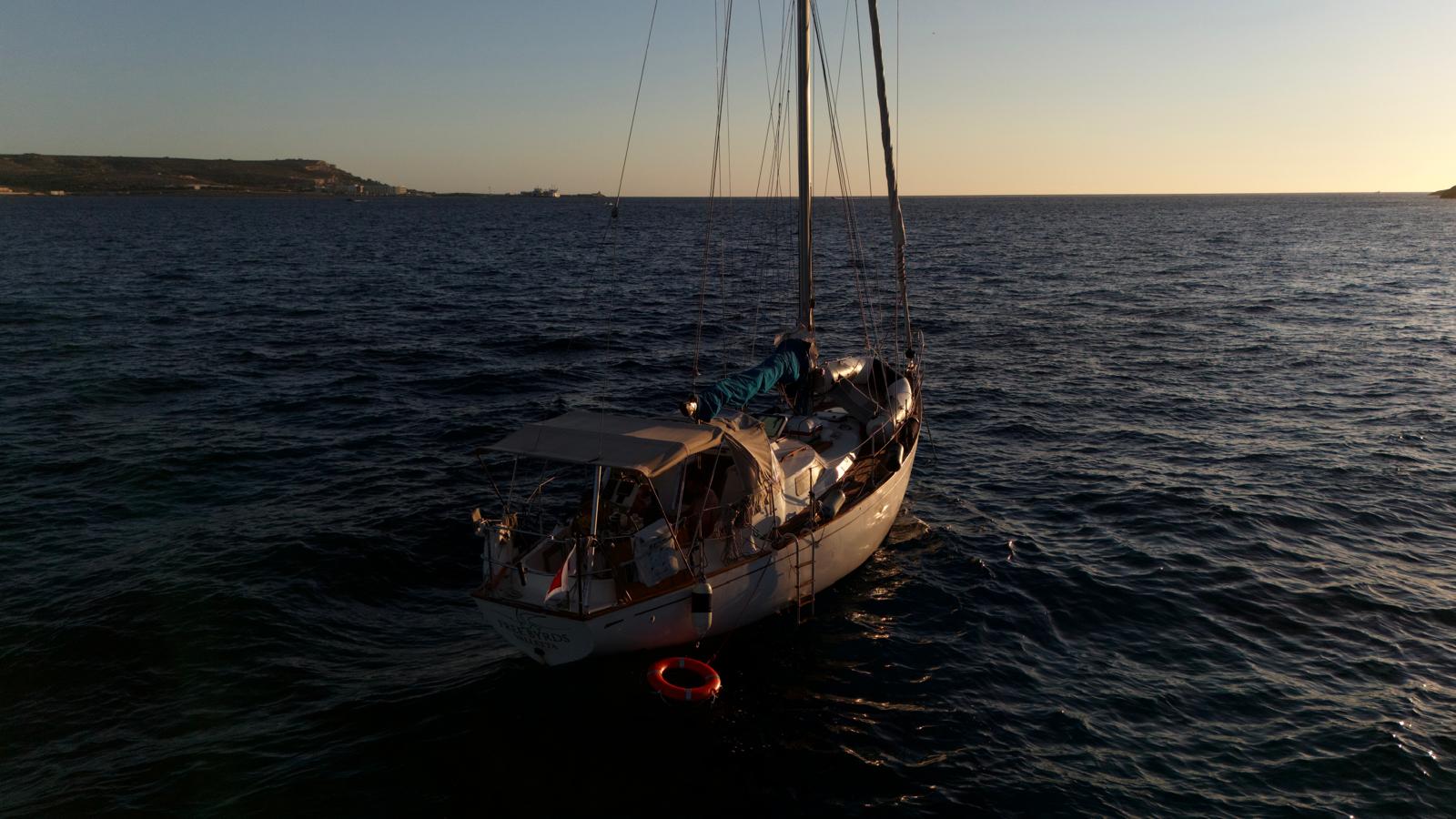 Stern view of the Biscay 36 at sunset.